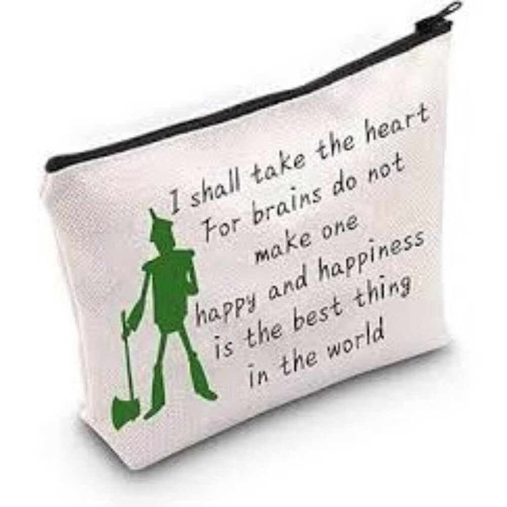 Wizard of Oz Tin Man Quote Canvas Zipper Pouch White & Green - Picture 1 of 7